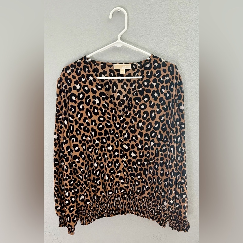 Michael Kors Leopard Print Button-Front Blouse in Brown and Black- Size XXL
